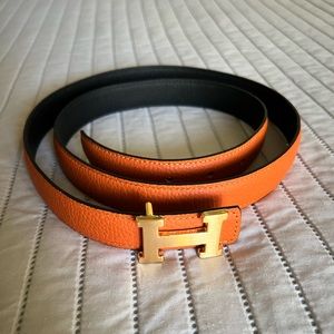 Hermes orange & black reversible thin leather belt w/mini gold pleated H buckle